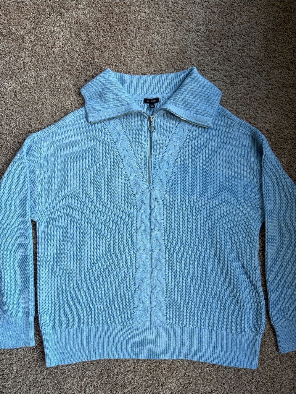 Talbots Pale Blue Zip-Front Cable Knit Sweater -